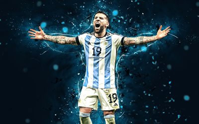 निकोलस ओटामेंडी, 4k, अर्जेंटीना की राष्ट्रीय फुटबॉल टीम, नीली नीयन रोशनी, फ़ुटबॉल, फुटबॉल, लाल सार पृष्ठभूमि, अर्जेंटीना की फुटबॉल टीम, निकोलस ओटामेंडी 4k