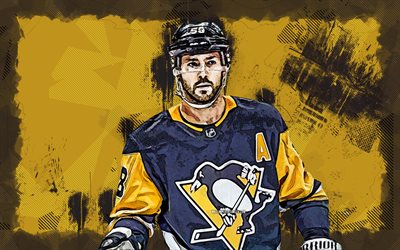 4k, Kris Letang, grunge art, Pittsburgh Penguins, NHL, hockey, Kris Letang 4K, yellow grunge background, Kris Letang Pittsburgh Penguins