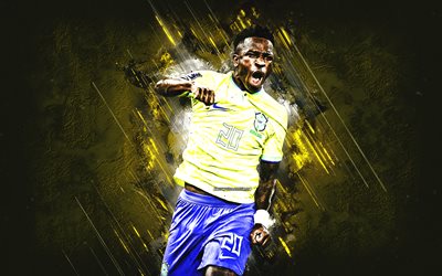 Vinicius Junior, Brazil national football team, portrait, Qatar 2022, brazilian football player, yellow stone background, football, Brazil