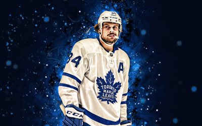 4k, Auston Matthews, white uniform, Toronto Maple Leafs, blue neon lights, NHL, hockey, Auston Matthews 4K, blue abstract background, Auston Matthews Toronto Maple Leafs