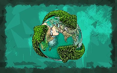 globe terrestre, notion de recyclage, 4k, grunge art, recyclage des piles, notions d'écologie, terre, environnement, recyclage, écologie, globes