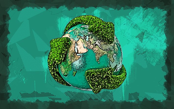 globe terrestre, notion de recyclage, 4k, grunge art, recyclage des piles, notions d'écologie, terre, environnement, recyclage, écologie, globes