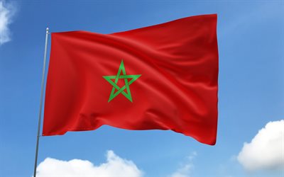 marokon lippu lipputankoon, 4k, afrikan maat, sinitaivas, marokon lippu, aaltoilevat satiiniliput, marokon kansalliset symbolit, lipputanko lipuilla, marokon päivä, afrikka, marokko