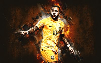 Memphis Depay, Netherlands national football team, portrait, Qatar 2022, Dutch footballer, striker, orange stone background, Netherlands