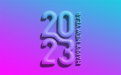 4k, 2023 feliz año nuevo, inscripciones verticales, dígitos 3d violetas, 2023 conceptos, minimalismo, 2023 dígitos 3d, feliz año nuevo 2023, creativo, 2023 fondo violeta, 2023 año