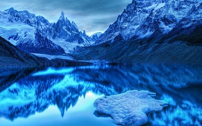 crepúsculo, inverno, montanhas, reflexão, lago