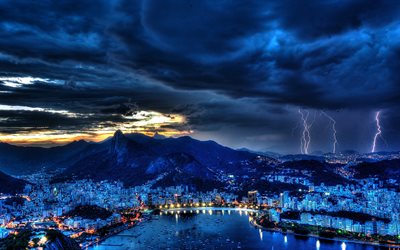 Rio de Janeiro, gece, Yıldırım, fırtına, liman, Brezilya