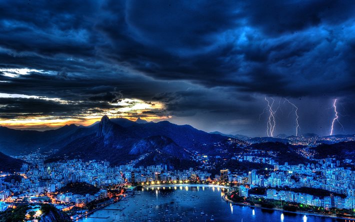 Rio de Janeiro, gece, Yıldırım, fırtına, liman, Brezilya