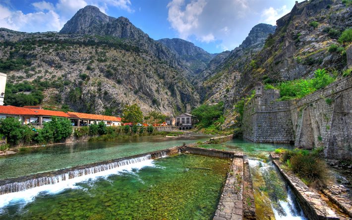 montenegro, joki, vuoret, kesä, kotor