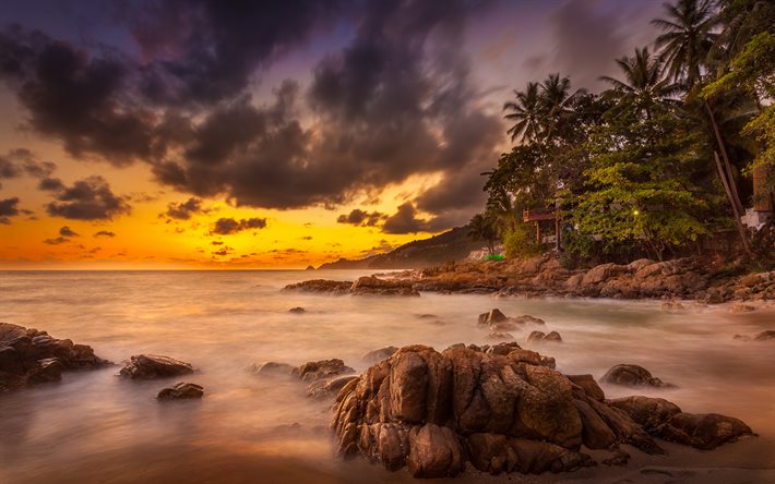 thailand, phuket, hav, solnedgång, kust, strand