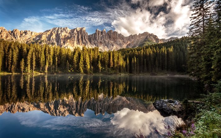 lac de montagne, forêt, arbre, paysage de montagne, des rochers, des montagnes, Karersee, de l'Alto Adige