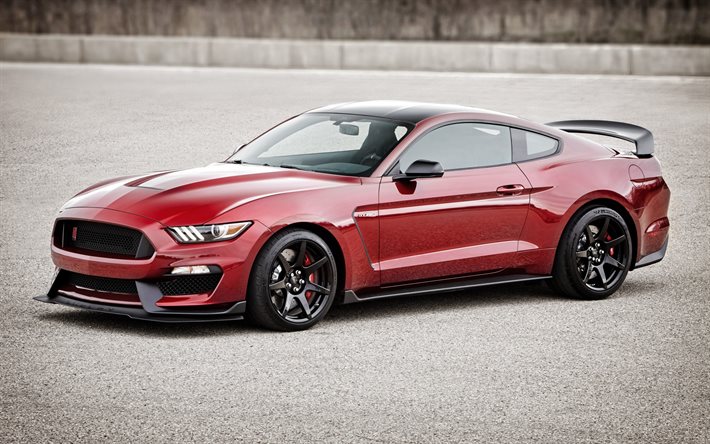 ford mustang, shelby, gt350r, 2016, urheilucoupe, punainen mustang, punainen urheiluauto, mustat viivat, viritys, punainen ford