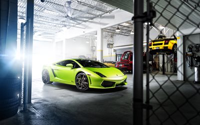 supercars, garage, Lamborghini Gallardo, sportcars, lime Lamborghini