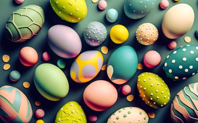 Easter eggs, 4k, Easter background, 3d Easter eggs, Easter greeting card, background with Easter eggs