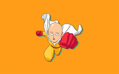 Saitama, 4k, minimalism, One Punch Man, protagonist, Hagemanto, One-Punch Man, yellow backgrounds, Onepunchman, Saitama One Punch Man