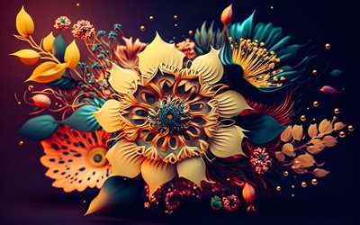 4k, fiori 3d, arte 3d, sfondo floreale 3d, fiori d'arte, fiori 3d creativi