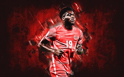 Alphonso Davies, Canada national soccer team, canadian soccer player, red stone background, Canada, football
