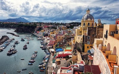 Procida, dock, boats, clouds, Italy