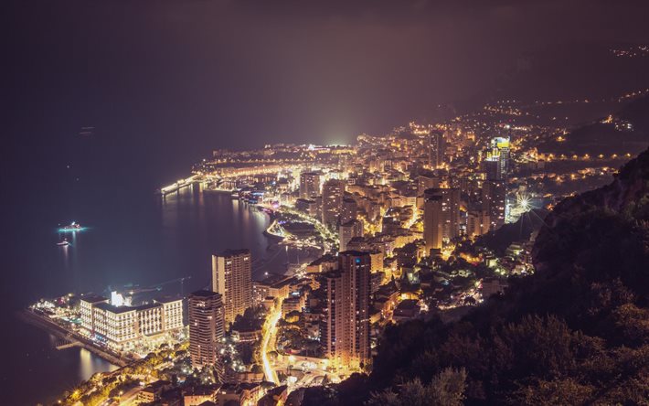 night, Coast, Sea, Monte Carlo, Monaco, Monte Carlo at night
