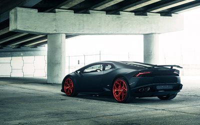4k, Lamborghini Huracan, aparcamiento, tuning, supercars, huracan negro, Lamborghini
