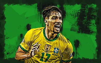 4k, Lucas Paqueta, grunge art, Brazil National Team, soccer, footballers, green grunge background, Brazilian football team, Lucas Paqueta 4K