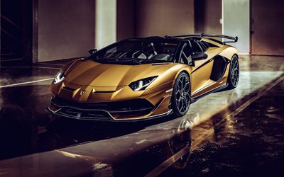 Lamborghini Aventador SVJ, darkness, 2022 cars, tuning, supercars, Golden Lamborghini Aventador, italian cars, Lamborghini