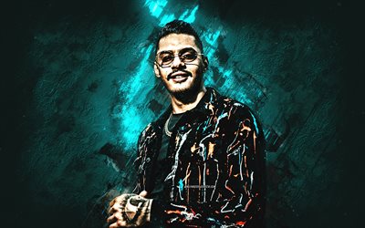 Hungria Hip Hop, portrait, Brazilian rapper, Gustavo Hungria Neves, turquoise stone background, grunge art, rap