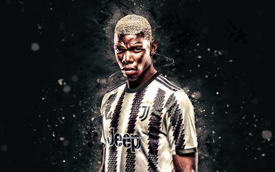 Paul Pogba, 4k, 2023, Juventus FC, white neon lights, soccer, Serie A, french footballers, Paul Pogba 4K, black abstract background, football, Juve, Paul Pogba Juventus FC