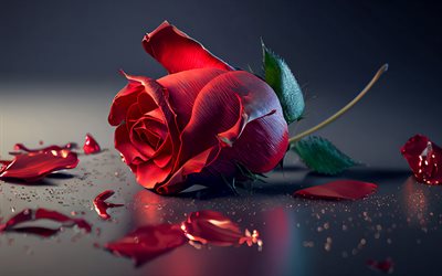 4k, 붉은 장미, 3d 아트, 매크로, 꽃잎, 3d 꽃, 장미, 아름다운 꽃들, 창의적인, 빨간 장미와 사진, 장미가있는 배경, 붉은 새싹