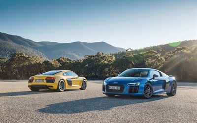 Audi R8, blue R8, yellow R8, sports car, lue Audi, yellow Audi