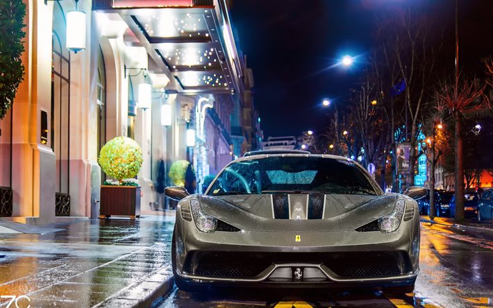 supercar, 2016, Ferrari 458 Speciale, rue de Paris, la nuit, la pluie, vue de face, gris Ferrari, France