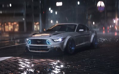 la nuit, 2016, Ford Mustang, tuning, supercars, de l'argent mustang, de la pluie