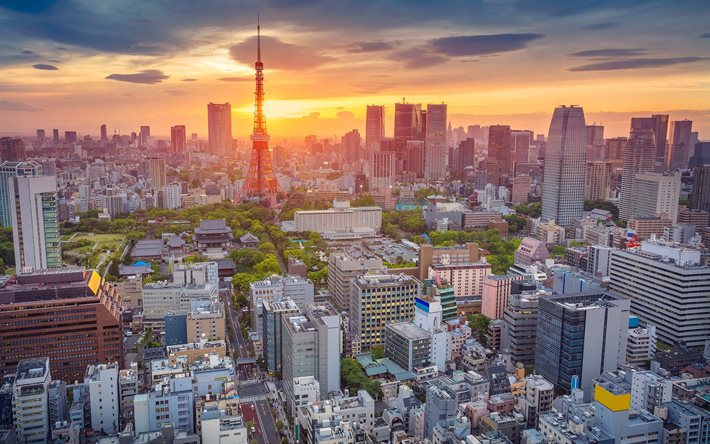 Tokio, por la mañana, paisajes urbanos, sunrice, Asia, de Japón