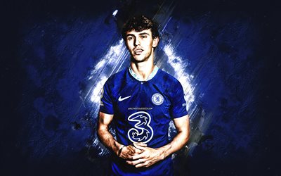 Joao Felix, Chelsea FC, Portuguese football player, grunge art, blue stone background, Premier League, England, football
