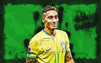 4k, Raphinha, grunge art, Brazil National Team, soccer, footballers, green grunge background, Brazilian football team, Raphinha 4K