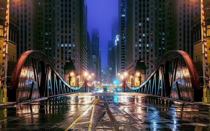 Chicago, gece, yağmur, köprü, Illinois, Amerika, skyscapes, USA