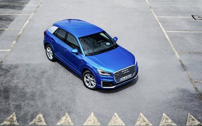 Audi Q2, parcheggio, parcheggio gratuito, crossover, 2016, blu Audi