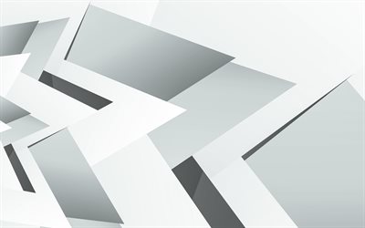 4k, white and gray, geometric shapes, material design, white backgrounds, geometric art, creative, background with fragments