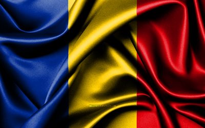 rumäniens flagga, 4k, europeiska länder, tygflaggor, rumäniens dag, vågiga sidenflaggor, europa, rumäniens nationella symboler, rumänien