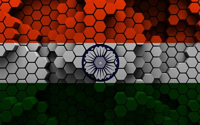 4k, bandera de india, fondo hexagonal 3d, bandera india 3d, textura hexagonal 3d, símbolos nacionales indios, india, fondo 3d