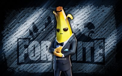 mister banane fortnite, 4k, sfondo diagonale blu, arte grunge, fortnite, opera d arte, mister banane skin, personaggi fortnite, mister banane, fortnite mister banane skin