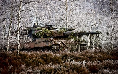 leopard 2a7, char de combat principal allemand, hiver, neige, char dans la forêt, leopard 2, véhicules blindés modernes, allemagne, chars
