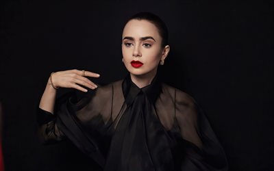 Lily Collins, american actress, portrait, photoshoot, black dress, american model, american star, popular actresses