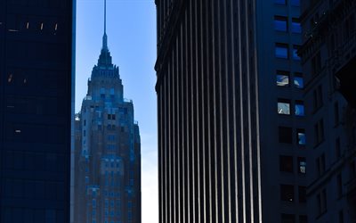 4k, 엠파이어 스테이트 빌딩, 확대, 스카이라인 시트스케이프, 고층 빌딩, 뉴욕시, 미국 도시들, 뉴욕, 미국