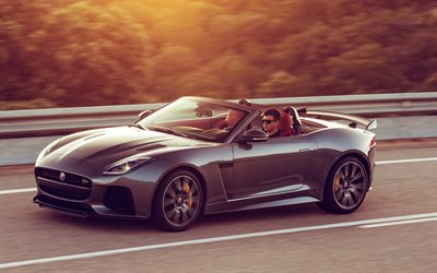 roadsters, 2017, jaguar f-type svr cabriolet, superbilar, rörelse, grå jaguar