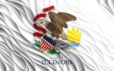 4k, علم إلينوي, أعلام 3d متموجة, الولايات الأمريكية, يوم إلينوي, موجات ثلاثية الأبعاد, الولايات المتحدة الأمريكية, ولاية إلينوي, دول أمريكا, إلينوي