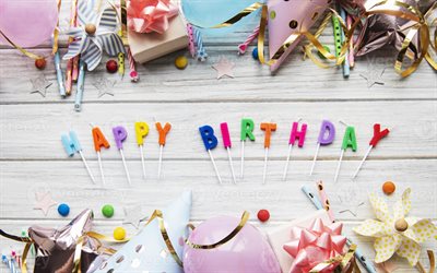 Happy Birthday, 4k, greeting card, Birthday candles, Birthday gifts, candle letters, Happy Birthday greeting card, Happy Birthday background