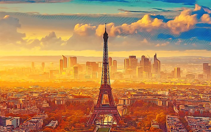 एफिल टॉवर, 4k, वेक्टर कला, सूर्यास्त, पेरिस स्थलचिह्न, क्षितिज शहर के दृश्य, फ्रेंच शहर, सार शहर के दृश्य, पेरिस, फ्रांस, यूरोप, रचनात्मक, पेरिस शहर का दृश्य