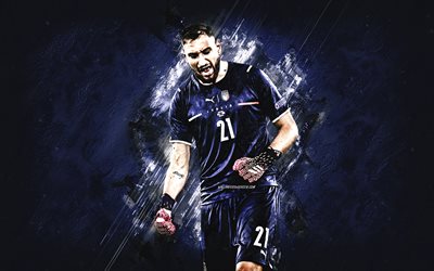 Gianluigi Donnarumma, Italy national football team, Italian football player, goalkeeper, blue stone background, football, Italy