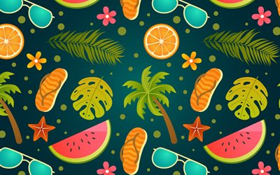 sommerhintergrund, sommerreisen, früchte, tropische inseln, sommerstruktur, reisehintergrund, palmen, wassermelone